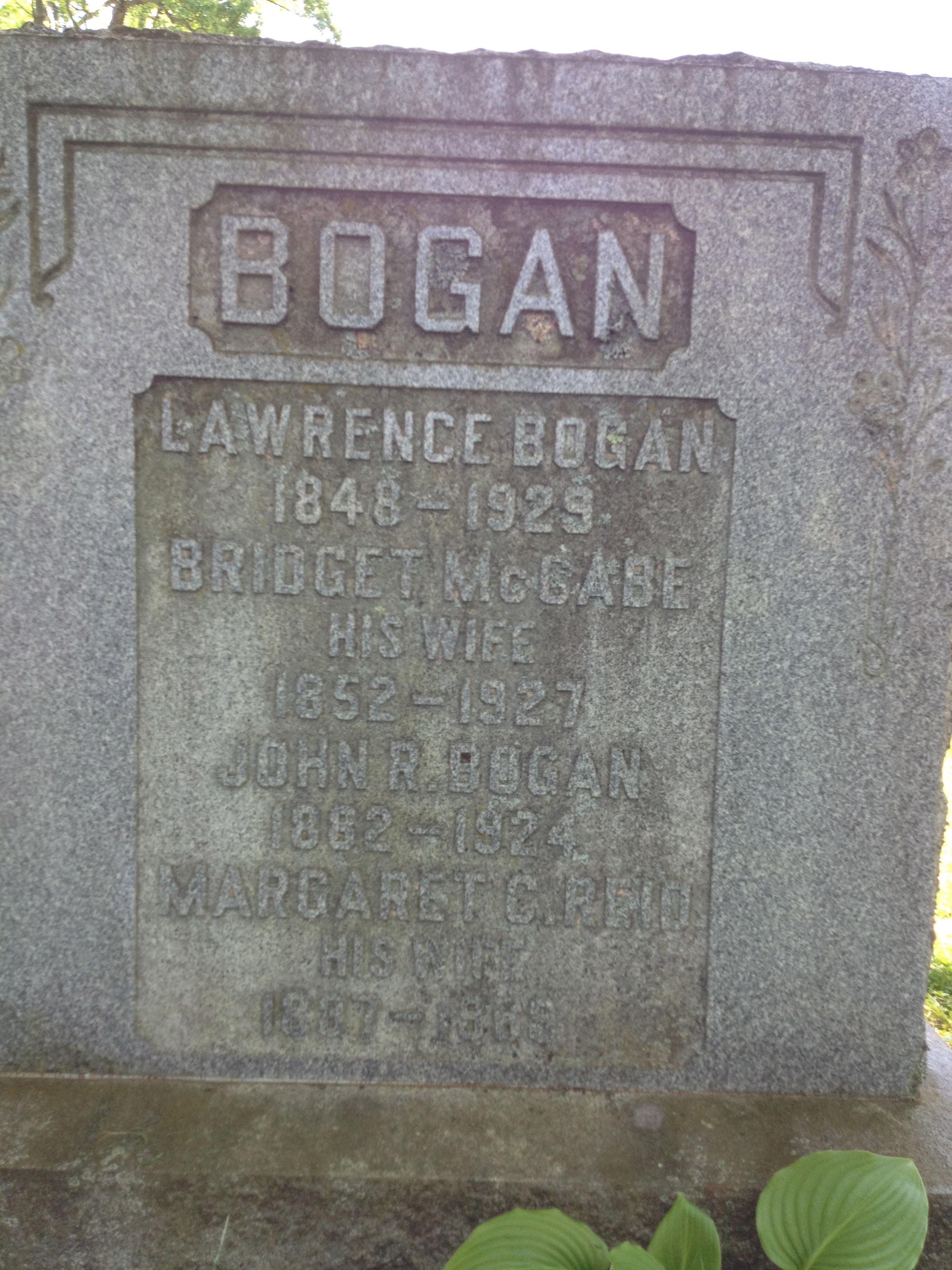 Headstone of Lawrence Bogan and Bridget McCabe 